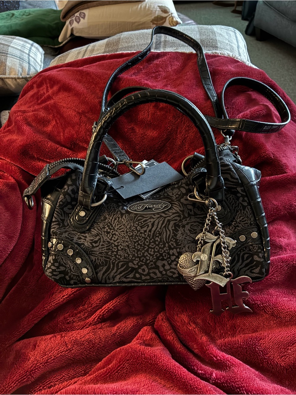 Ed Hardy Black Patterned Satchel with Logo Charm